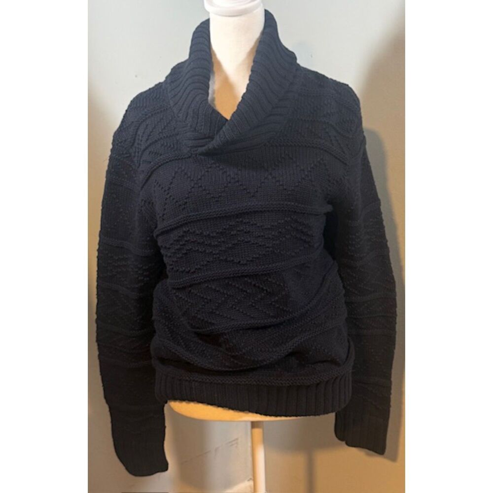AE‎ Y2K Vintage 100% Cotton Shawl Collar Cable Sweater M Cabincore
